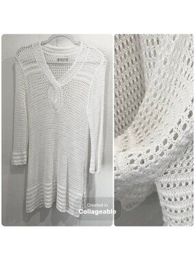 Vintage Crochet Boho Neutral Dress Y2K Vacation Beach Hippie Mod Feminine